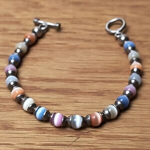 Cat's Eye Colorful Beaded Bracelet Sterling Silver 925 ( 7.5"